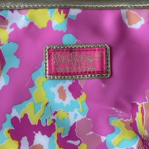 Lilly Pulitzer For Estee Lauder Makeup Bag Pink Floral Gold Trim Preppy Cosmetic - Picture 2 of 7